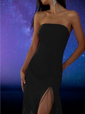 Strapless Black Fringe Evening Dress